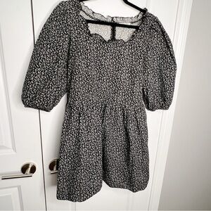 Sandy Liang Mini Dress Ditsy Floral Puff Sleeve Ruffles Black White Size M